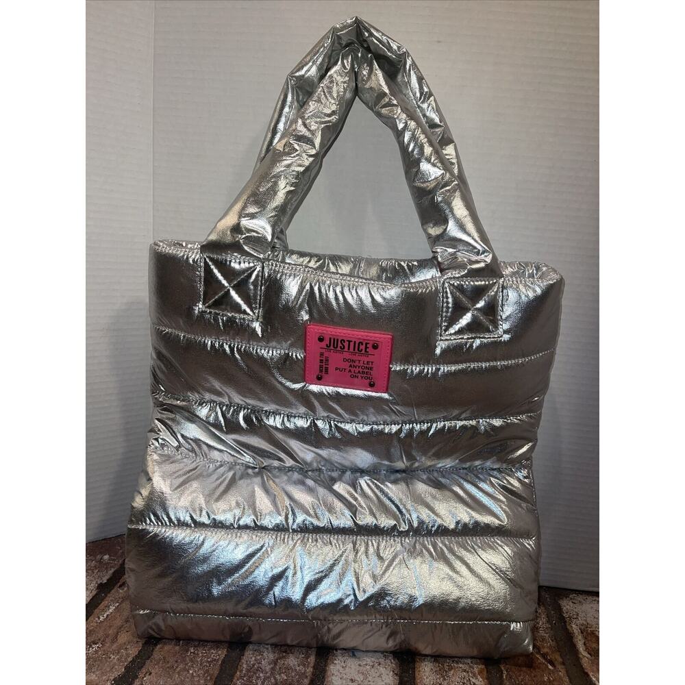 Justice Girls Puffy Silver Weekender Tote Bag Sleepover Travel 14.5"W x15"H NWOT